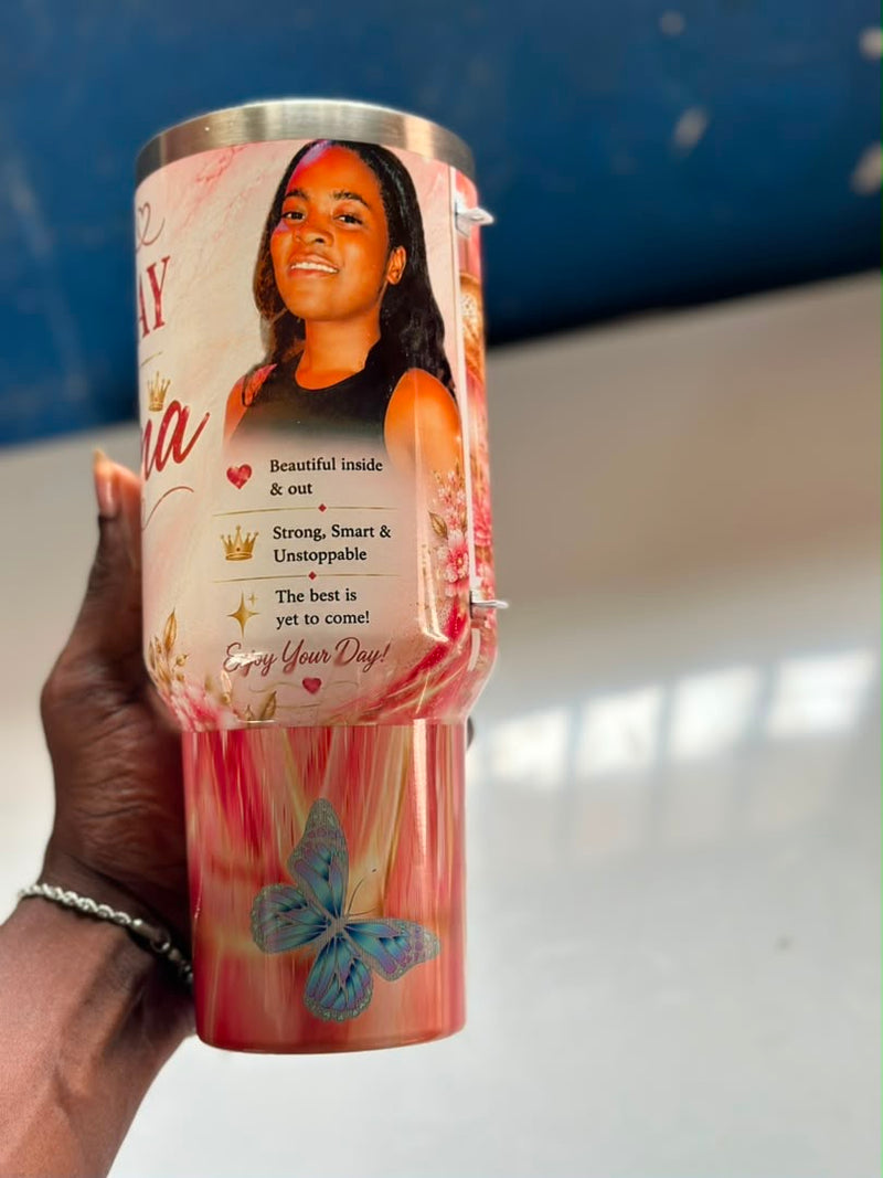 Personalized 40 oz tumbler with handle by APM Printing