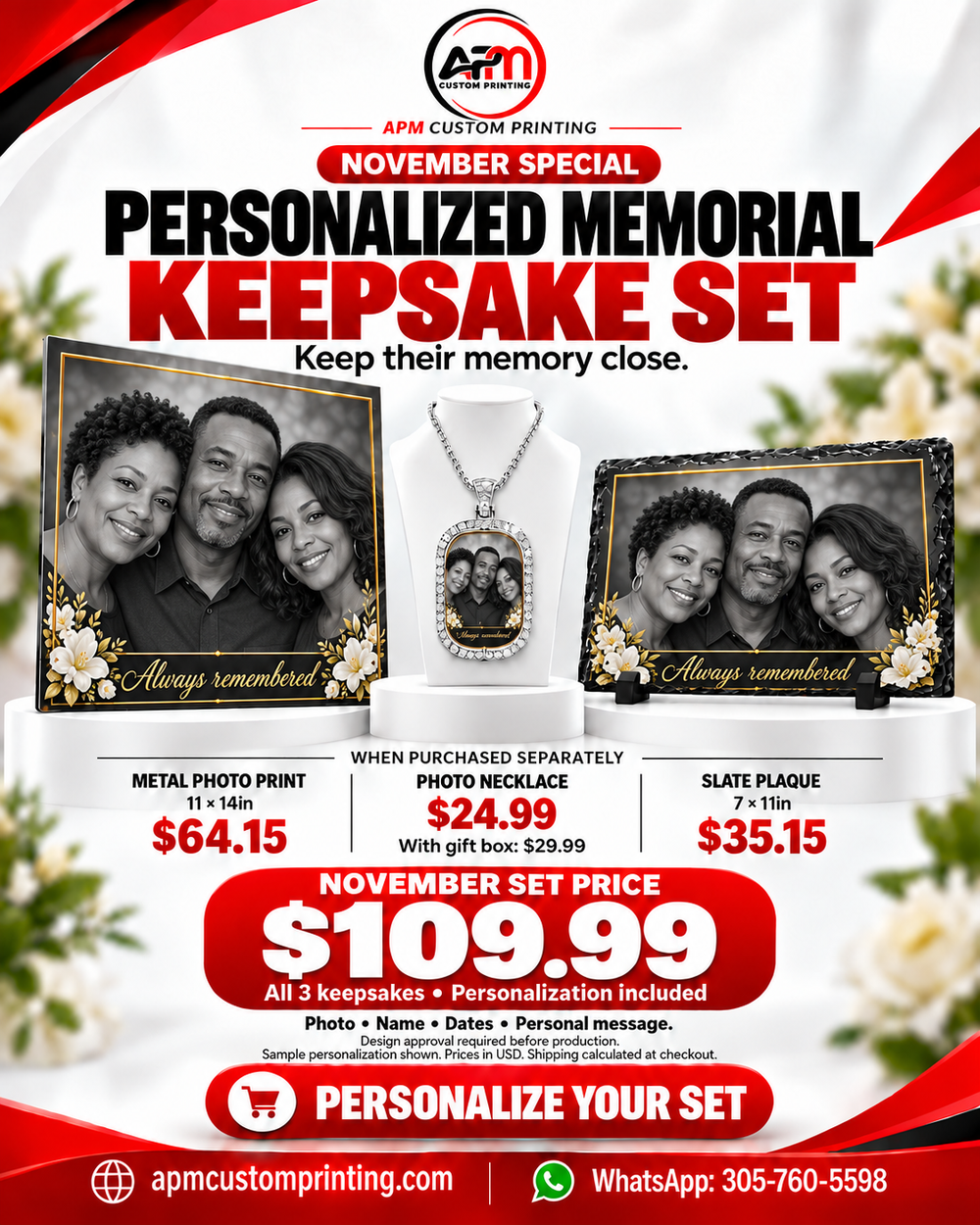 Personalized Memorial Keepsake Set Metal Photo Print Necklace Slate Plaque