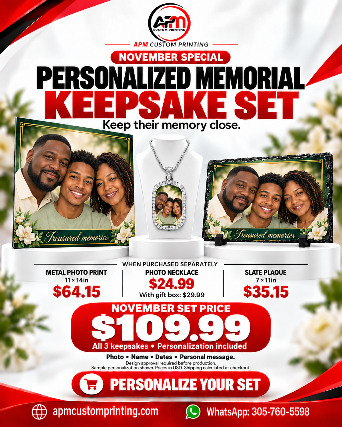 Personalized Memorial Keepsake Set Metal Photo Print Necklace Slate Plaque