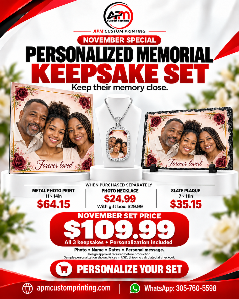 Personalized Memorial Keepsake Set Metal Photo Print Necklace Slate Plaque