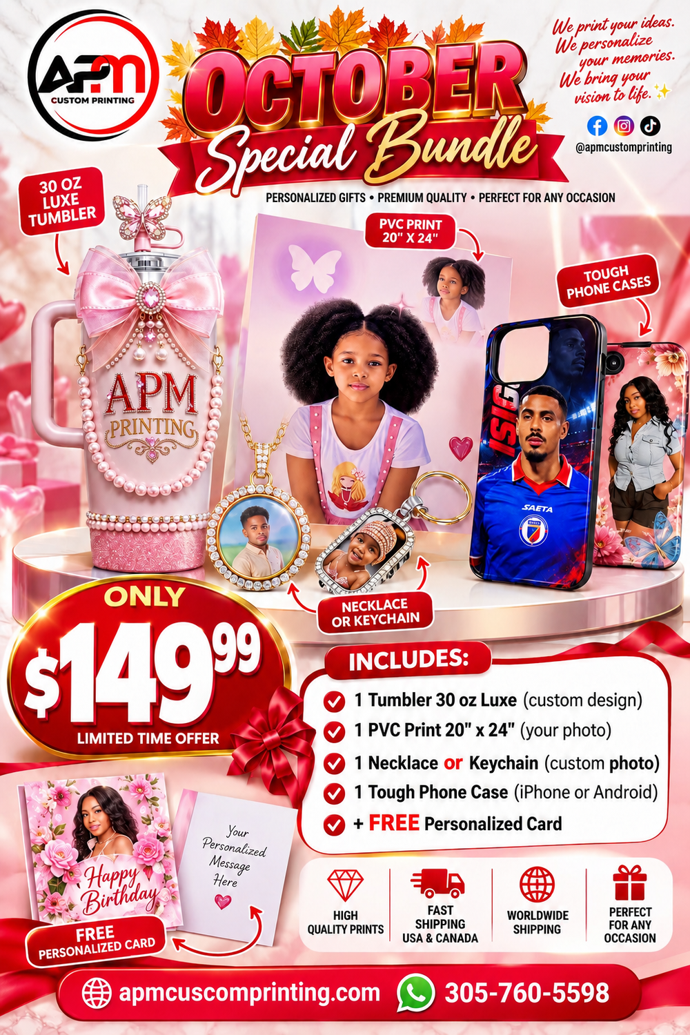 Personalized PVC Photo Board Tumbler Necklace Gift Set OCTOBER Special
