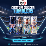 Custom soccer tumbler personalized with player name and number – APM Custom Printing