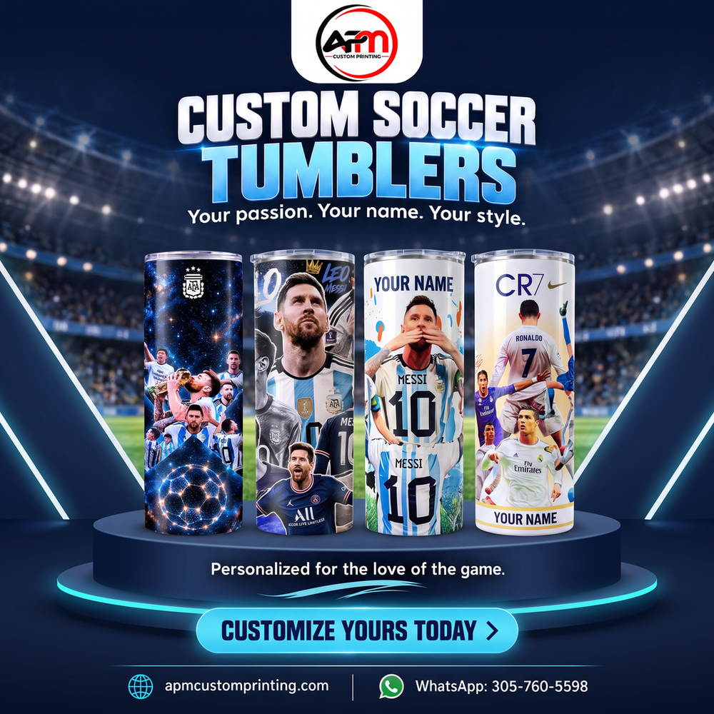 Custom soccer tumbler personalized with player name and number – APM Custom Printing