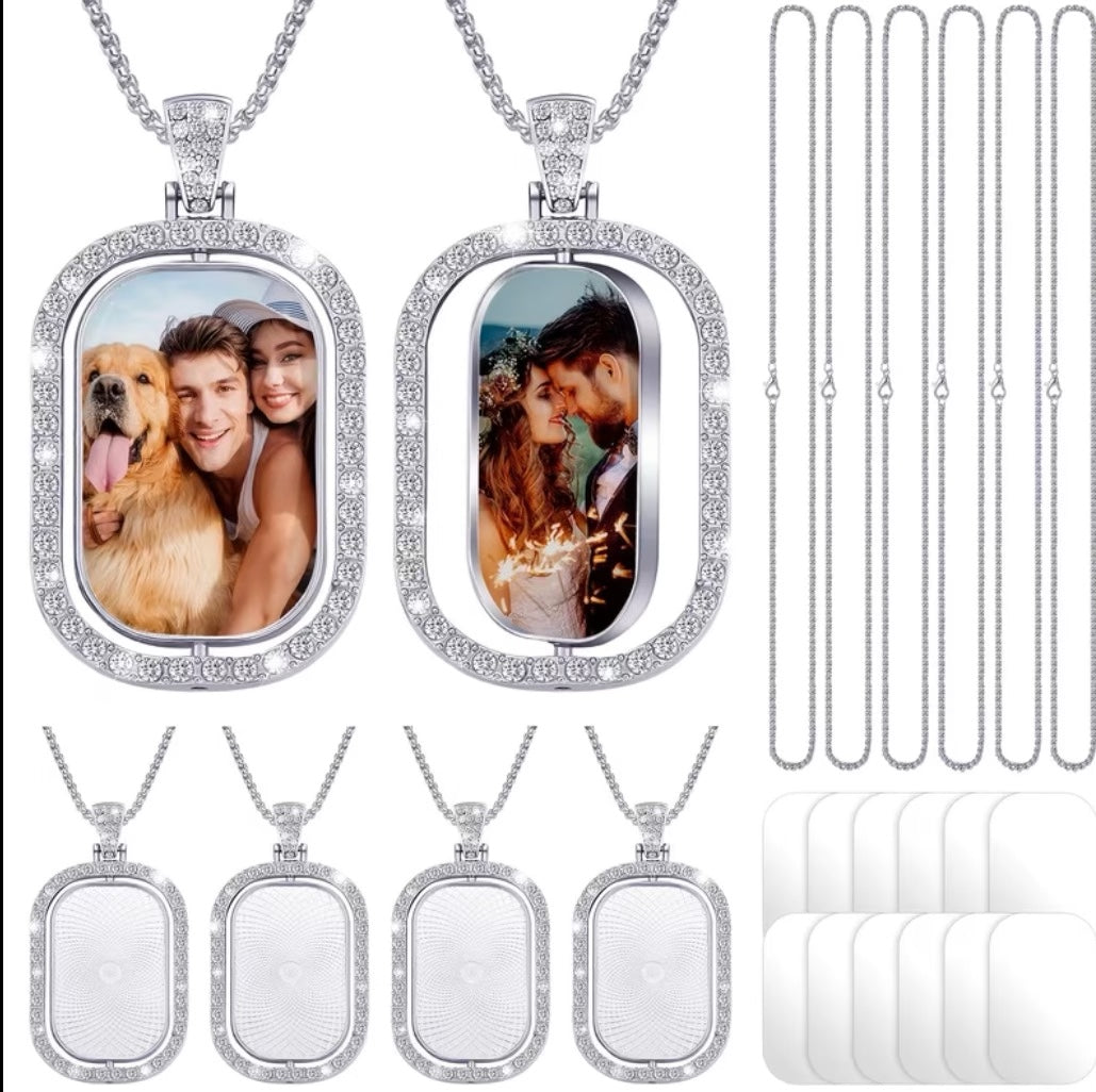 Custom Photo Pendant Necklace with silver-tone rhinestone frame and matching chain