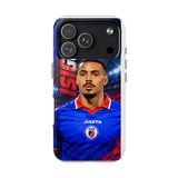 Glossy tough iPhone case featuring a Haiti soccer portrait in blue and red