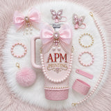 Luxury Bling Custom Tumbler by APM Printing with pink bow, pearls, rhinestones and accessories