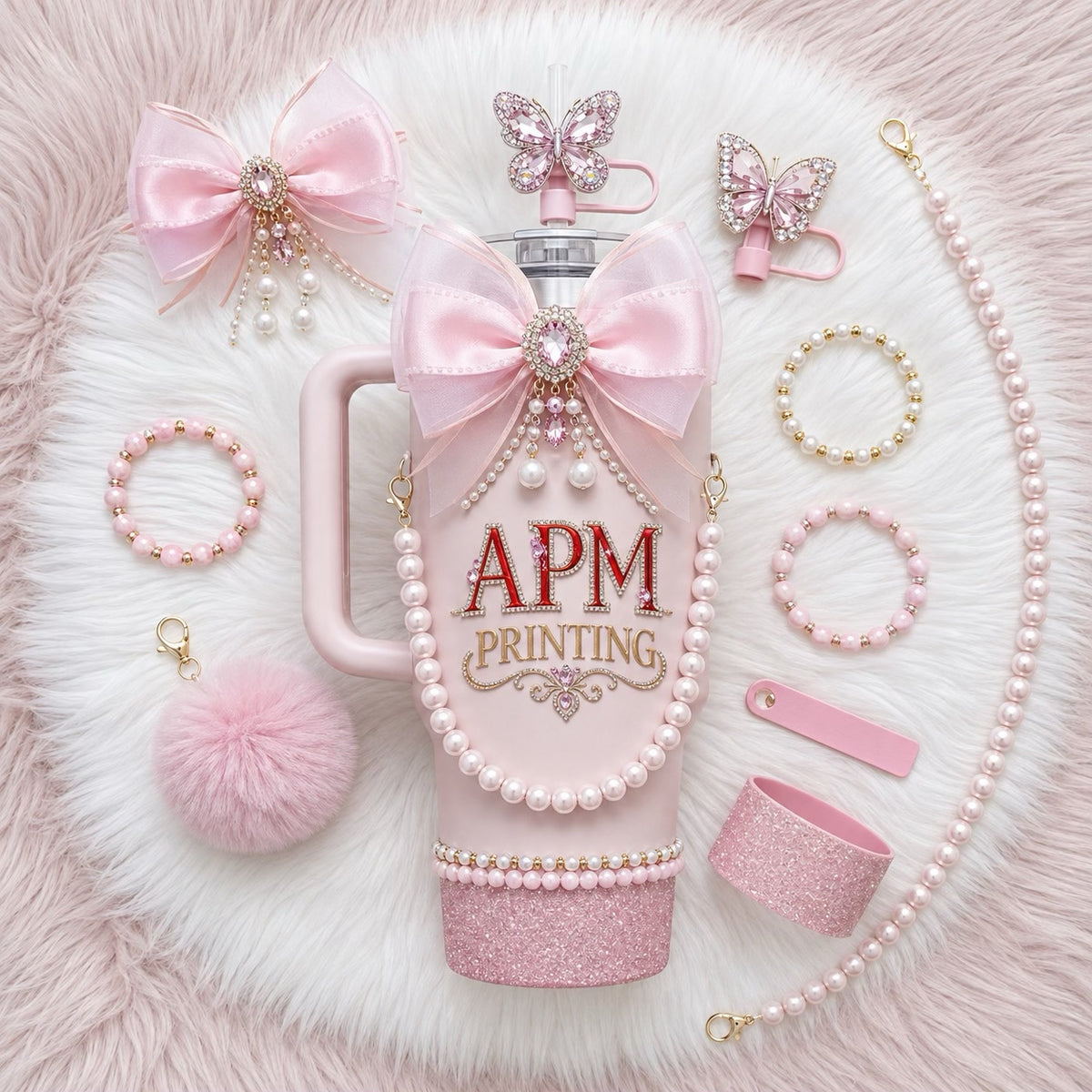 Luxury Bling Custom Tumbler by APM Printing with pink bow, pearls, rhinestones and accessories